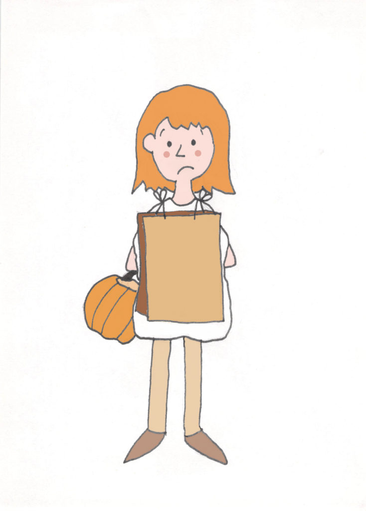 girl wearing poorly conceived s'more costume