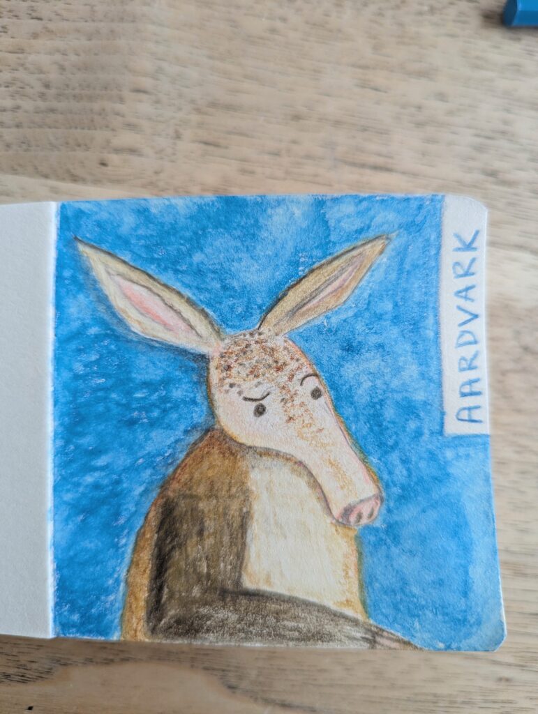 Suspicious aardvark in aquarelle and graphite